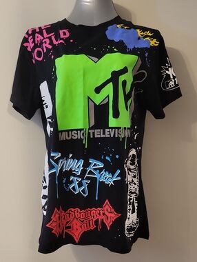 MTV Black Tee with Neon Green, Blue, Pink & Red Graphics